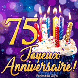 GIF grand jubilé 75 ans avec le nombre 75 d'or, un gâteau d'anniversaire aux bougies illuminées et un fond violet.