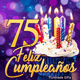 GIF gran jubileo 75 años con el número 75 de oro, una tarta de cumpleaños con velas encendidas y trasfondo violeta.