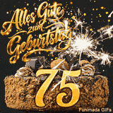 Die goldene Fünfundsiebzig leuchtet auf einem Kuchen. Daneben wirft eine Wunderkerze helle Funken, während glitzerndes Sternkonfetti fällt.