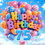 A large blue number 75 suspended from an animated bunch of balloons. The text Happy Birthday is formed by balloons in a sunny blue sky.