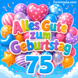 Eine große blaue 75 hängt an einer animierten Ballongruppe. Der Text Alles Gute zum Geburtstag wird aus bunten Ballons an einem sonnigen Himmel gebildet.