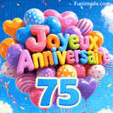 Le grand chiffre bleu 75 suspendu sous une grappe animée de ballons. Le texte Joyeux Anniversaire est formé par des ballons dans un ciel bleu ensoleillé.