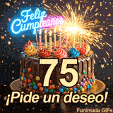 Pastel festivo con el número 75 en el centro. Chispas de luz y confeti estrellado decoran la escena junto a las dulces palabras ¡Pide un deseo!.