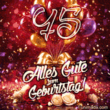 Bunte Ballons Geschenke und blühende Rosen umrahmen die goldene Zahl 75 mit Alles Gute zum Geburtstag und Konfetti in lebendigem animierten Design