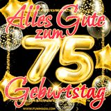 Glänzende goldene Ballons und ein quadratischer Glitzerrahmen: Animiertes GIF zum 75. Geburtstag mit der großen goldenen Zahl 75