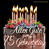 Das Geburtstags-GIF zeigt einen Schokoladenkuchen mit Beeren und Kerzen zur Feier eines 75. Geburtstags.