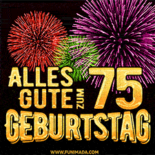 Ein dynamisches animiertes GIF mit buntem Feuerwerk und goldenen Zahlen, die den 75 Geburtstag hervorheben.