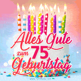 Geburtstags-GIF mit einem weißen Cremekuchen mit bunten Kerzen und Streuseln und den Worten 'Alles Gute zum 75. Geburtstag' in rosafarbenem Zierfisch.
