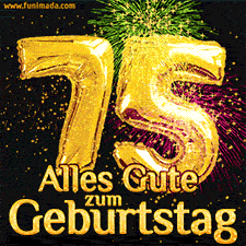 Große goldene Zahlen 75 auf schwarzem Hintergrund, die Worte 'Alles Gute zum Geburtstag' in goldener Schrift und ein spektakuläres Feuerwerk.
