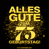 Ein GIF zum75. Geburtstag mit goldener Schrift und Feuerwerk auf schwarzem Hintergrund.