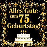 Dieses lebhafte Geburtstags-GIF zeigt eine Torte mit Kerzen, goldenem Konfetti und der Zahl 75.