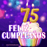 GIF animado de un cupcake decorado con confites, dos velas doradas encendidas formando el número 75, sobre un fondo púrpura brillante con destellos.
