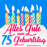 Ein buntes Geburtstags-GIF mit strahlenden Kerzen auf einer festlichen Torte zur Feier des 75.