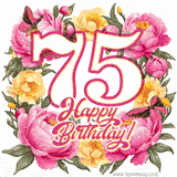 A celebratory GIF image features the animated number '75' and the words 'Happy Birthday!' surrounded by pink and yellow flowers. Two moving butterflies are included in this festive design.