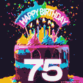 Chocolate cake with number 75 adorned with vibrant multicolored frosting, candles, and a rainbow topper