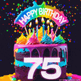 Chocolate cake with cyan layers, pink dressing and a big number 75 adorned with vibrant multicolored frosting, lit candles, and a rainbow topper with text that says 'Happy Birthday'. Animated colorful confetti move behind the cake.