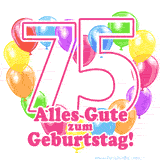 Ein verspieltes animiertes Geburtstags-GIF mit bunten Ballons in Herzform und der Zahl 75.