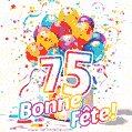 Des confettis animés, des ballons multicolores et un coffret cadeau dans un joyeux GIF de 75e anniversaire