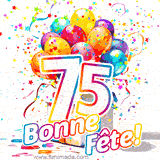 GIF pour un 75e anniversaire avec un grand chiffre 75, des ballons multicolores, des confettis et des rubans, accompagné du texte 'Bonne Fête!' sur un fond festif.