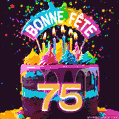 Gâteau au chocolat avec le numéro 75 orné d'un glaçage vibrant, de bougies et d'une décoration arc-en-ciel