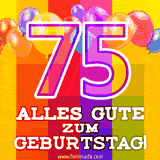 Große Zahl 35 in Umrissschrift, die Worte 'Alles Gute zum 75. Geburtstag', mehrfarbige animierte Ballons und lebendiger Hintergrund.
