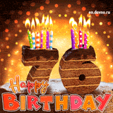 76th birthday GIF featuring a chocolate cake on bokeh background shaped as the number 76, with colorful lit candles on top. Happy Birthday text appears below in a bold font and pink, orange and red colors.