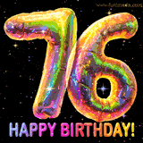 Shiny number 76 birthday celebration balloons with an iridescent glow and glitter on a black background with twinkling stars.