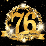 Il numero 76 è circondato da un anello dorato brillante, accompagnato da un nastro elegante con la scritta 'Buon Compleanno!' su uno sfondo scuro.