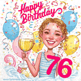An animated birthday GIF featuring a smiling cartoon woman holding a glass of wine. Text reads 'Happy Birthday 76' surrounded by colorful balloons and confetti.