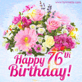 A birthday cake with lit candles is shown with colorful balloons and animated confetti.