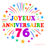 GIF animé joyeux anniversaire 76 ans avec étoiles multicolores et feu d’artifice