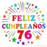 Imagen animada para felicitar los 76 años con letras de colores y diseño festivo.