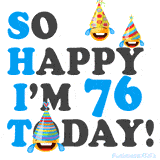 A fun birthday animation celebrating turning 76 with colorful party hats, smiling faces, and cheerful emojis.