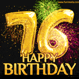 Animated happy 76th birthday greeting card with text 'Happy Birthday' below golden balloon numbers for age 76, set against colorful fireworks.