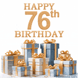 Festive animated eCard with elegant 'Happy 76th Birthday' text above a pile of luxurious blue, white, and gold gift boxes and presents.