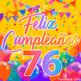 Un GIF animado para un 76º cumpleaños, Muestra el texto 'Feliz Cumpleaños 76' sobre un fondo amarillo vibrante con globos de colores, banderines y una lluvia de confeti.