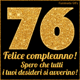 Un GIF animato per un 76° compleanno, Presenta il testo 'Buon Compleanno 76' su uno sfondo giallo vivo con palloncini colorati, festoni e una pioggia di coriandoli.