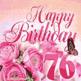 A bright pink 76th birthday animated greeting card hor her with roses, glitter, and a butterfly. The text 'Happy Birthday' is written in an elegant cursive font.