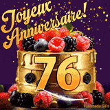 Une animation de célébration d'un gâteau de 76ème anniversaire, Des étoiles dorées tombent du ciel, mettant en valeur le texte 'Joyeux Anniversaire !' et le nombre doré 76 à l'avant du gâteau.