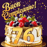 Un GIF animato di una bellissima torta per il 76° compleanno con glassa dorata e frutti di bosco freschi, Il numero dorato 76 è davanti, e stelle cadono su uno sfondo viola scuro.