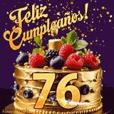 Una animación de celebración de una tarta para el 76º cumpleaños, Estrellas doradas caen del cielo, destacando el texto '¡Feliz Cumpleaños!' y el número dorado 76 en la tarta.