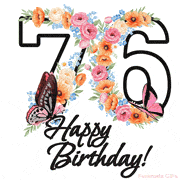 A floral 76th birthday animated greeting card. The number '76' is surrounded by animated flowers and butterflies, creating a beautiful and cheerful way to celebrate the milestone.