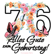 Ein florales GIF zum 76. Geburtstag. Die Zahl '76' ist von animierten Blumen und Schmetterlingen umgeben und bietet eine schöne und fröhliche Art, den Meilenstein zu feiern.