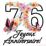 Ce GIF de Joyeux 76ème Anniversaire présente le nombre vingt rempli d'un bouquet vibrant de fleurs animées, avec des papillons qui bougent doucement sur un fond blanc.