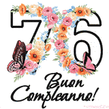 Questo GIF di Buon 76° Compleanno mostra il numero venti riempito con un vibrante bouquet di fiori animati, con farfalle che si muovono dolcemente su uno sfondo bianco.