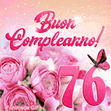 GIF 76 anni con rose in primo piano, numero settantasei e una farfalla rosa che vola tra riflessi luminosi animati.