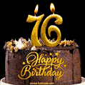 76 Birthday Chocolate Cake with Gold Glitter Number 76 Candles (GIF)