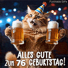 Ein roter Kater mit offenem Maul hält zwei volle Bierhumpen in die Kamera. Text im Bild: Alles Gute zum 76. Geburtstag! Festliche Partybeleuchtung.