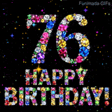 Brightly colored sparkling crystals shape the digit 76 and Happy Birthday lettering, positioned on a dark background featuring small animated glowing stars.