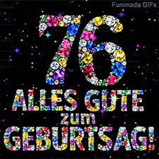 Die leuchtende Zahl 76 und der Schriftzug Alles Gute zum Geburtstag aus farbigen Juwelen vor einem schwarzen Hintergrund mit kleinen Sternchen.